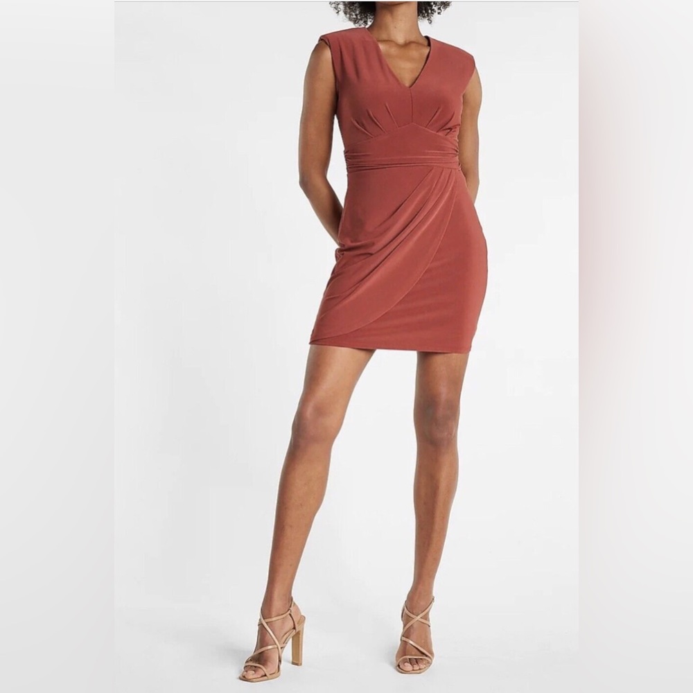 Express Strong shoulder faux wrap dress in color Henna size small
